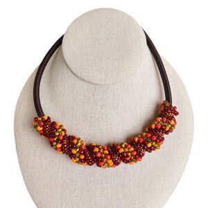 Beaded Statement Necklace Seed Bead Collar Necklace Adjustable Fall Colors 16 in